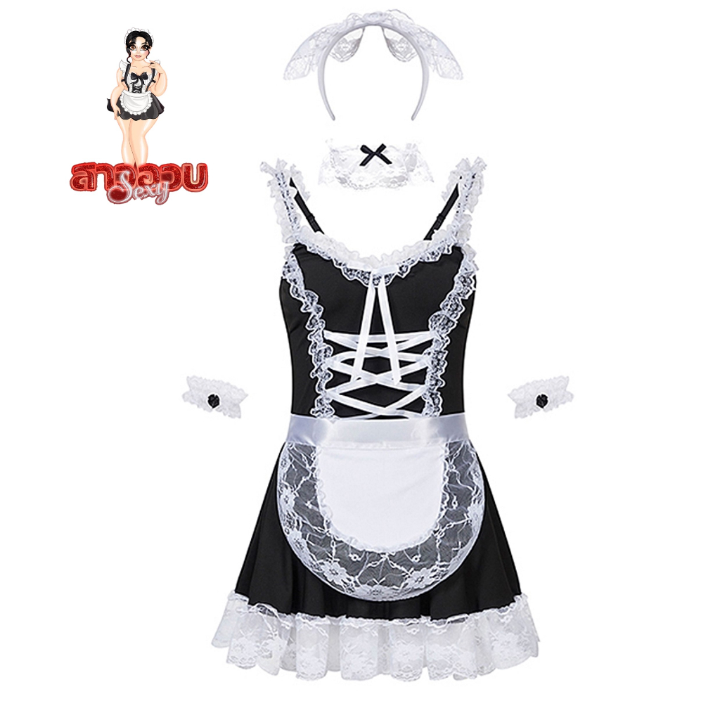 SUPER SEXY  ชุดนอนไม่ได้นอนสาวอวบ ชุดนอนคนอ้วน เมดแม่บ้าน ลูกไม้ ติดโบว์ริบบิ้น M-026 - รูปที่ 4