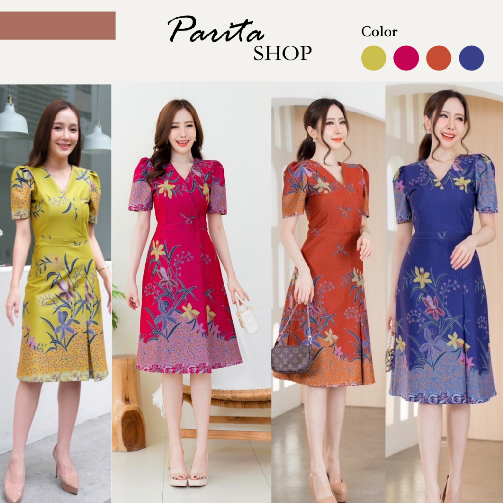 DR1002 ชุดเดรสผ้าพิมพ์ลายปาเต๊ะทรงสวยใส่ง่ายลายแปลกตาทรงสวยใส่ได้ทุกโอกาส