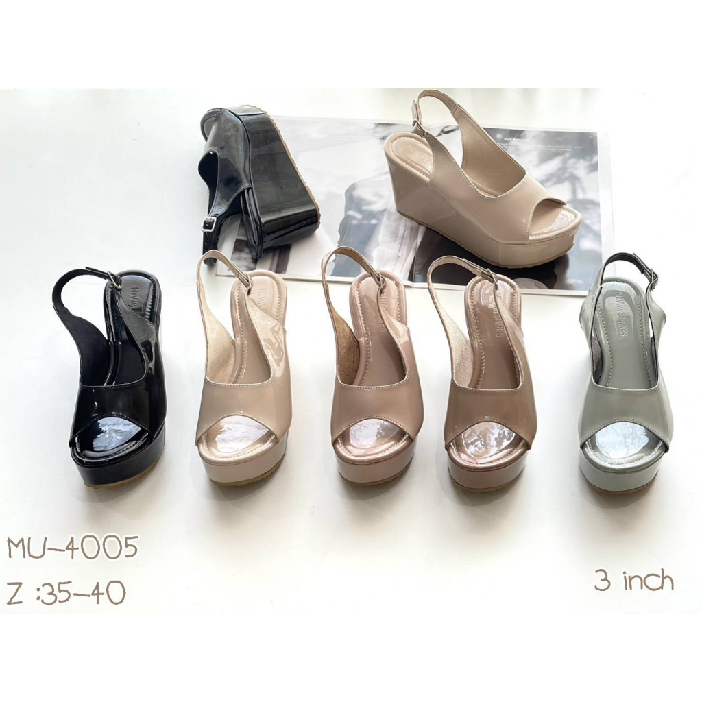 รองเท้าส้นสูง รองเท้าส้นเตารีด ส้นตึกรัดข้อกิ๊บเก๋ หนังแก้วรหัสสินค้า MU-4005