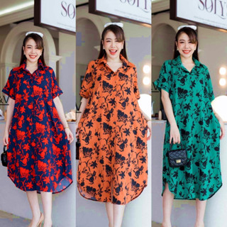 S.48 C&amp;V Midi Dress เดรสเชิ้ตแขนสั้นตัวยาว กระดุมผ่าหน้า กระเป๋าล้วงข้าง ผ้าไหมอิตาลี พิมพ์ลาย ทรง Oversize อก 48 นิ้ว