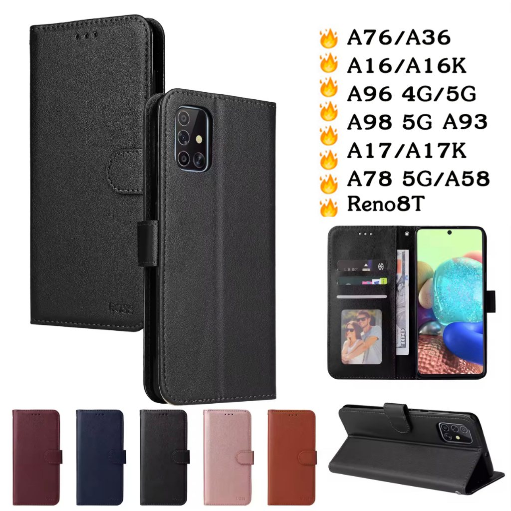 เคสฝาพับ แบบแม่เหล็กเปิดปิด มีล็อค สำหรับ OPPO A76 A36 A16 A94 A98 A17 A17K A78 A58 4G 5G A16K Reno 8T  พร้อมช่องใส่บัตร