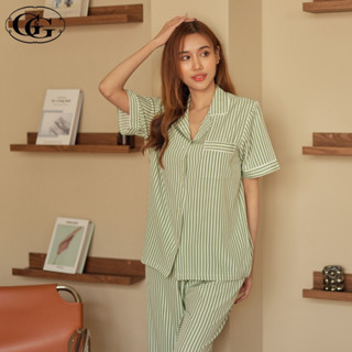 G&amp;G Nightwear รุ่น EN7P26 ชุดนอนเสื้อแขนสั้นคอปก + กางเกงขายาว ลายทาง ผ้าไหมอิตาลี สีเขียว (GR)