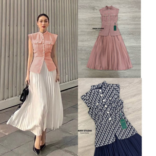 ❣️พร้อมส่ง❣️Swan &amp; Rosé ชุดทำงาน ชุดออกงาน เซททรงสูทเสื้อแขนกุด มากับกระโปรงยาวอัดพลีท ชุดสุภาพ