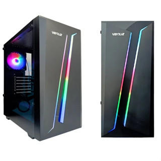 CASE VENUZ ATX Mid Tower Tempered Glass Gaming Case with RGB Strip Front Panel &amp; Rainbow RGB Fan x1 VC 1814 – Black