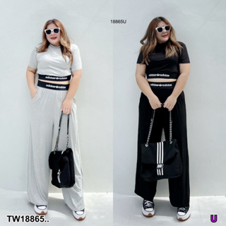 J18865 set #Bigsize 2 ชิ้น เสื้อครอปแขนสั้น แต่งขอบยาง + กางเกงขายาว set 2 pieces, crop top with rubber trim + long pant