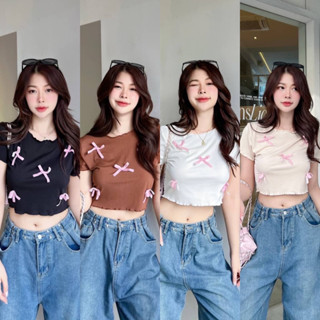 Teera❤️พร้อมส่ง✨Bow Bow Crop🎀เสื้อครอปแขนสั้น ผ้าไหมเย็น💓ติดโบว์ด้านหน้า งานน่ารักมาก💓sheeny