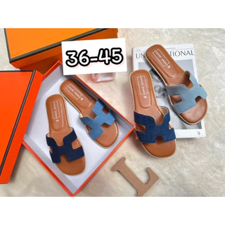 รองเท้าไซส์เล็ก-ใหญ่36-40,41-45 แตะผ้ายีนส์พื้นน้ำตาลส้นแบนรุ่นใหม่ พร้อมส่งทุกวันเลยจ้า🚚