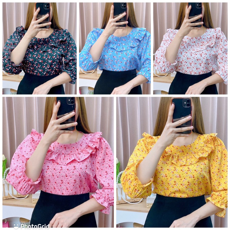 เสื้อลายดอกเล็กแฟชั่น อกระบายคอกลม เเขนสามส่วน อก40ยาว23