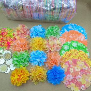 กระดาษสาห่อเหรียญโปรยทาน รุ่นคละลาย1,000แผ่น พร้อมหนังยาง มี10ถุง ถุงละ100แผ่น