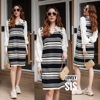 🌈🌿🌼🌺🌸🤎🧡🇰🇷 Knit Stripe Patch Wrinkle Long Sleeve Dress