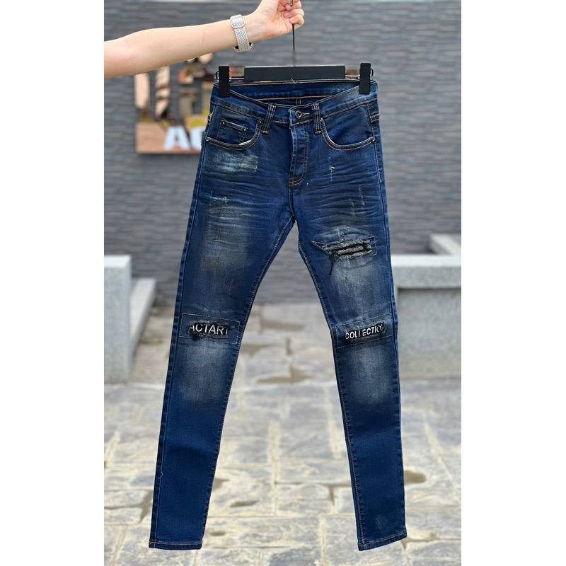 กางเกงยีนส์ขายาว stretch jeans ( ยีนเข้มปักเข่า ) actart ยีนส์ Man ผู้ชาย Clothing เดฟ ตาราง