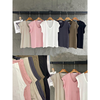 เสื้อยืดคอยูพับแขน FOLDED SLEEVE FINE PLAIN TOPS