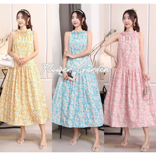 Flower Garden Maxi Dresss พร้อมส่ง เดรสสายเดี่ยว ลายดอกไม้ โทนสีหวานๆ สวยเซ็กซี่ ชุดเที่ยวทะเล งานป้าย