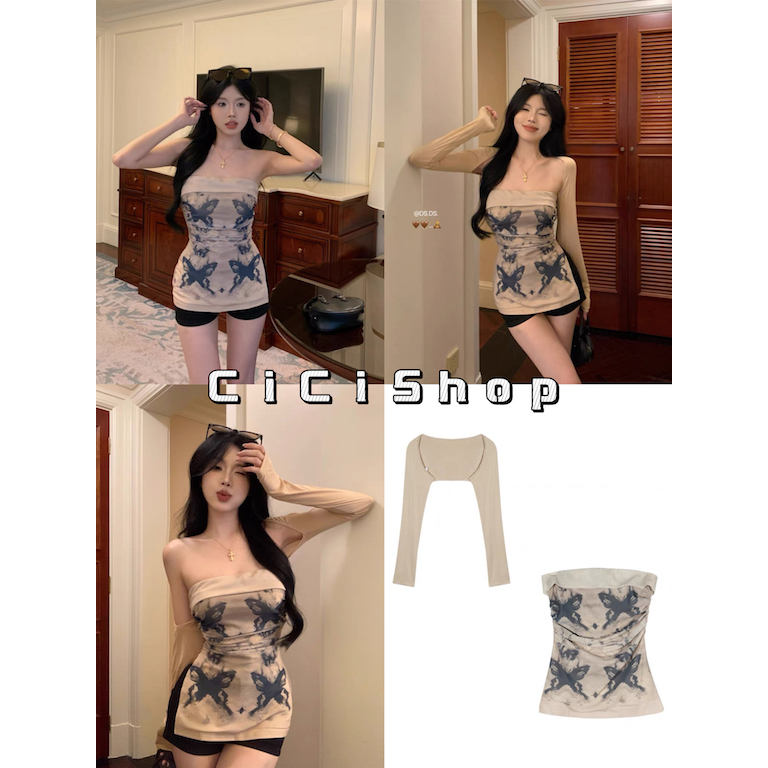 Cicishop(J758)Set 2 ชิ้น เกาะอก+เสื้อคลุมแขนยาว ผ้าชีฟองลายมัดย้อม ใส่ไปทะเลคือปัง