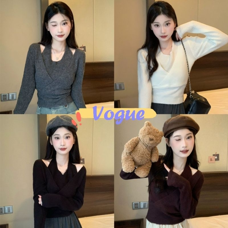 Vogue พร้อมส่ง เสื้อไหมพรมแขนยาว ดีเทลด้านในคล้องคอ (70180) -C