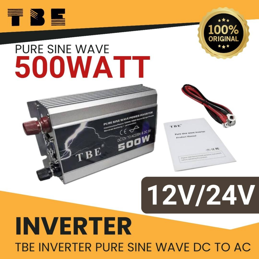 TBE Inverter Pure Sine Wave 12V/24V 500W เครื่องแปลงไฟรถ12V เป็นไฟบ้าน 220V