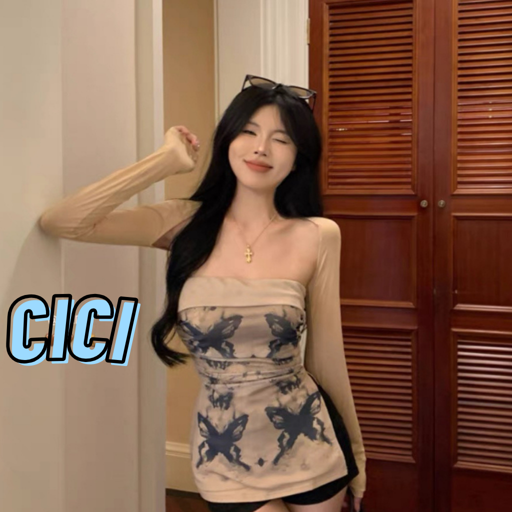 ส่งทันที Cici(NO. J758)Set 2 ชิ้น เกาะอก+เสื้อคลุมแขนยาว ผ้าชีฟองลายมัดย้อม ใส่ไปทะเลคือปัง
