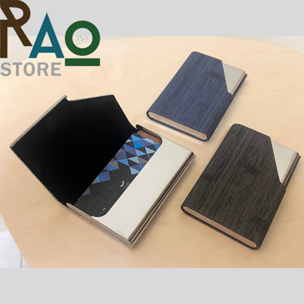 RAO Store กล่องใส่นามบัตร บัตรเครดิต ที่ใส่นามบัตรสแตนเลส + หนังPUลายไม้ กระเป๋าใส่นามบัตรพกพา Business Card Holder