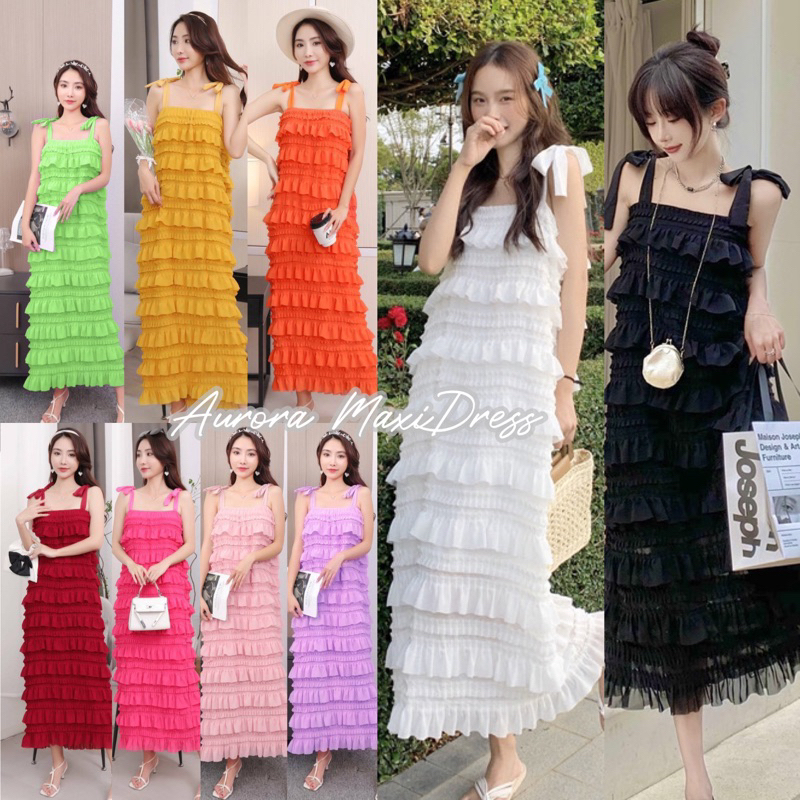 พร้อมส่ง Aurora Maxi Dress เดรสสายเดี่ยว ผ้าชีฟองมีซับใน แต่งระบายขนมชั้น เดรสสีพื้น ชุดชีฟอง งานป้าย