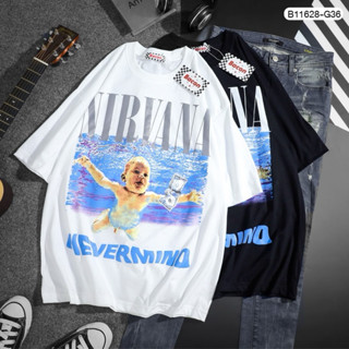 🌟STF_SHOP🌟เสื้อOVERSIZE คอกลม งานคอป้าย สกรีนลายเด็กวายนํ้าNIRVANA งาน ดำ-ขาว