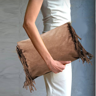 กระเป๋ามือสองแบรนด์ Baldrose Bardot Rose Bag Clutch Suede Touch 2Way Fringe Plain Greige /Nt7 Women งานจากญี่ปุ่น