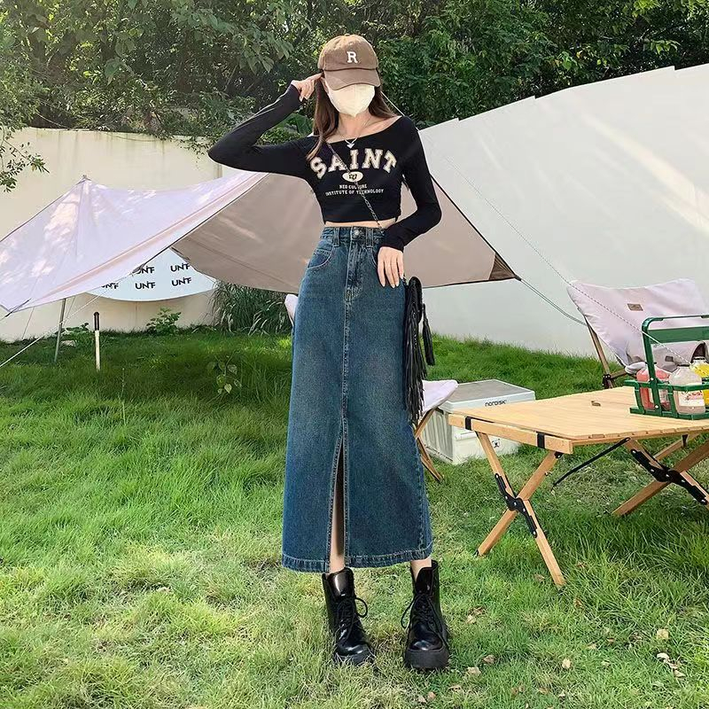 กระโปรงยีนส์ทรงเอ สไตล์วินเทจ กระโปรงยาว แหวกข้างโชว์เซ็กซี่skirt