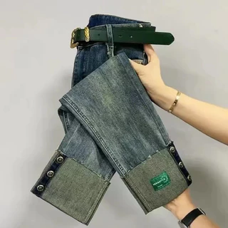 GHAOHES🌷 กางเกงยีนส์ยืด 🌷 S-5XL สาวอวบ 👖การออกแบบพับขากางเกง ลมเกาหลี
