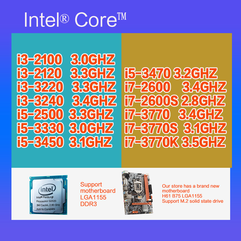 Intel Core i3-2100 i3-2120 i3-3220 i3-3240 i3-3120 i5 2300 i5 2400 i5 2320 i5 3450 i7 2600 i7-3770K 