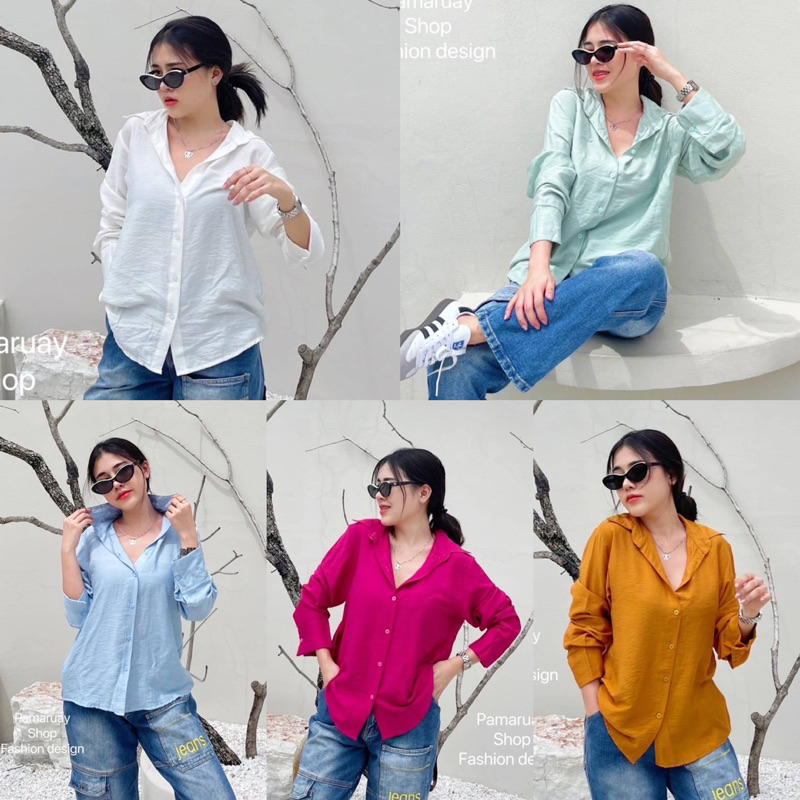 PK SHIRTS เสื้อเชิ้ตเเขนยาว เนื้อผ้าคอตตอลสลาฟทรงoversize ผ้านิ่มมากใส่สบาย มีกระดุมหลัง