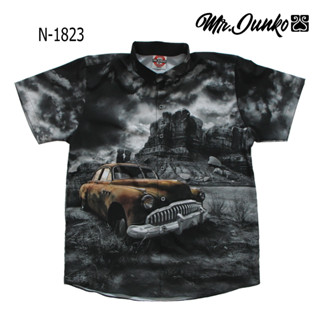 ⚡ ส่งฟรี⚡เสื้อเชิ้ตแขนสั้น งานต่อลาย Mr-Junko  ผ้าซาตินนิ่มใส่สบายไม่ร้อน N-1823