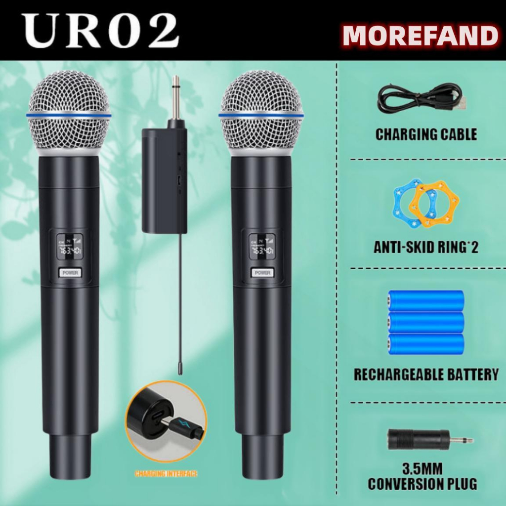 MOREFANDไมโครโฟนไร้สาย 2 ไมโครโฟนแบบใช้มือถือ 50M ระยะทางรับ UHF FM Cyclic ชาร์จไม่มีการรบกวน KTV เวทีวงดนตรีประสิทธิภา