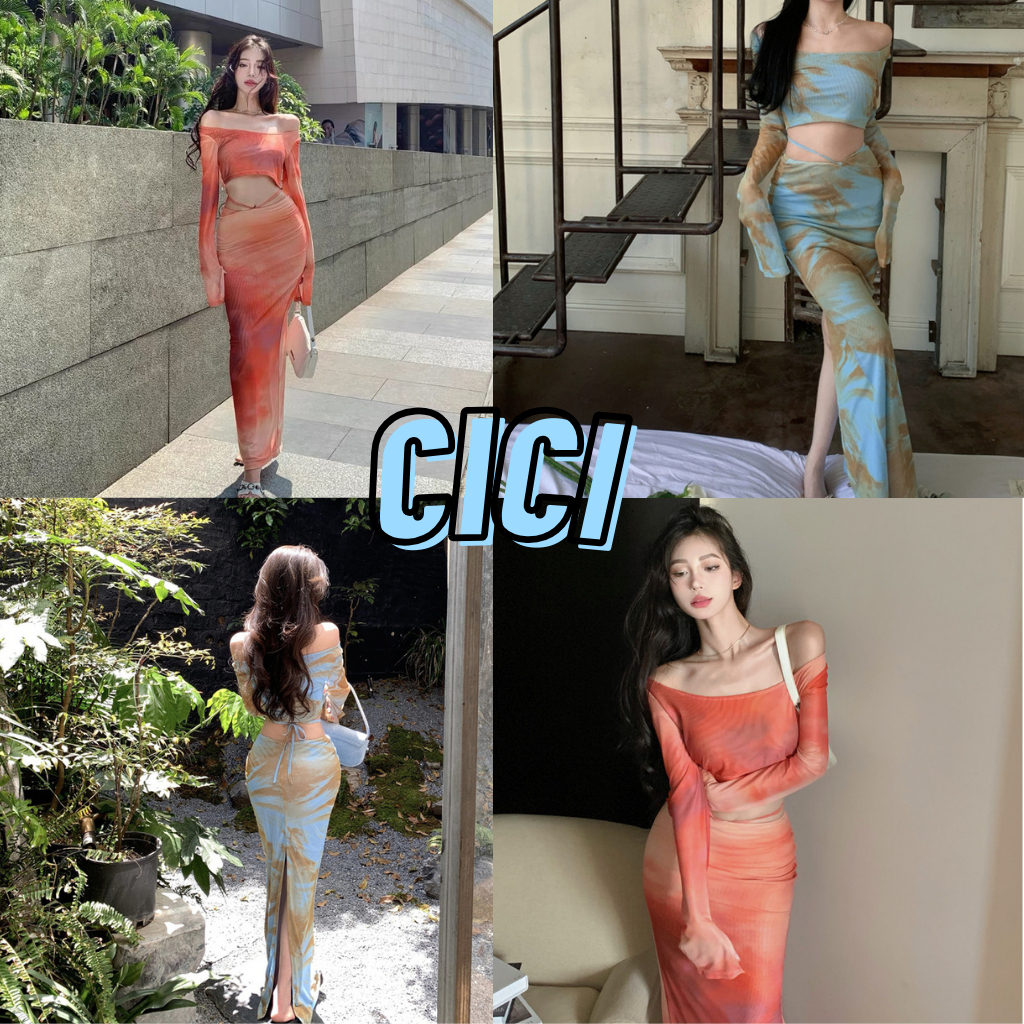 Cici(NO.J806)Set เสื้ออครอปแขนยาว+กระโปรงยาวดีเทลมีเชือกผูกเอว ผ้าชีฟองลายมัดย้อม แบบเจ้าแม่Y2K