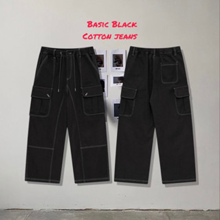 Basic Black Cotton Jeans กางเกงยีนส์กระบอกใหญ่มาก ปักด้ายขาว