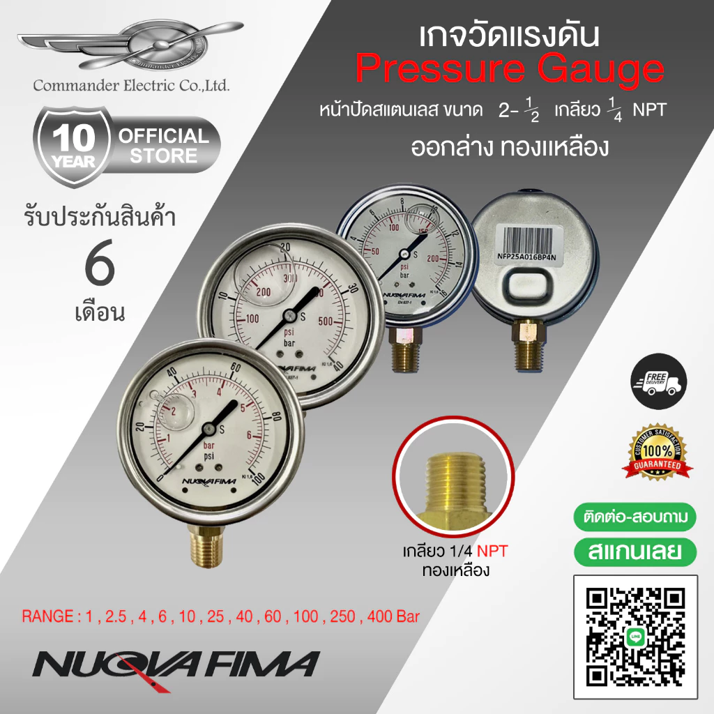 Nuova Fima pressure gauge เกจวัดแรงดัน หน้าปัด 2-1/2" เกลียวออกล่างทองเหลือง 1/4" NPT