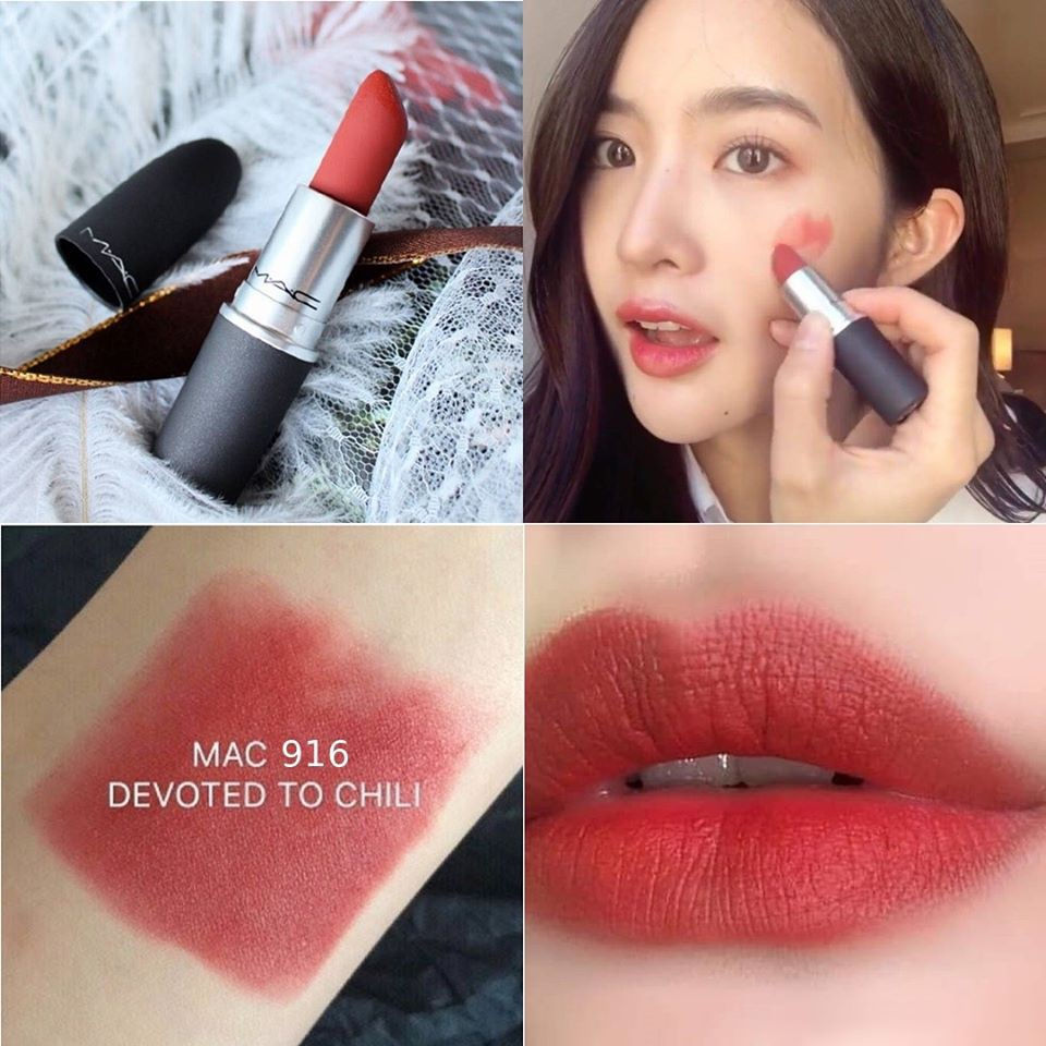 MAC Powder Kiss 316 Devoted to Chili แถมแปรงทาลิป สีที่ขายดีที่สุด