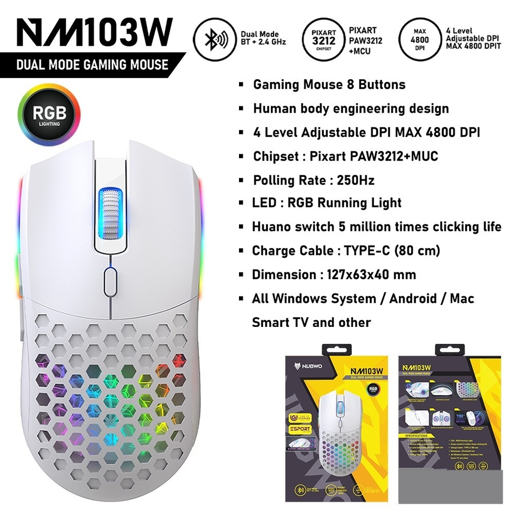 เมาส์เกมมิ่งไร้สาย+บลูธ Gaming Mouse เมาส์ไร้สาย เมาส์เกมมิ่ง NUBWO NM-103W🌀