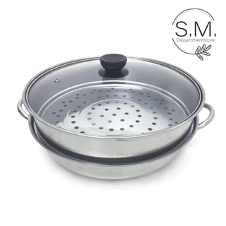 S.M.หม้อชาบูสองหูสแตนเลส 1 ช่องฝาแก้ว+ซึ้ง พร้อมส่ง