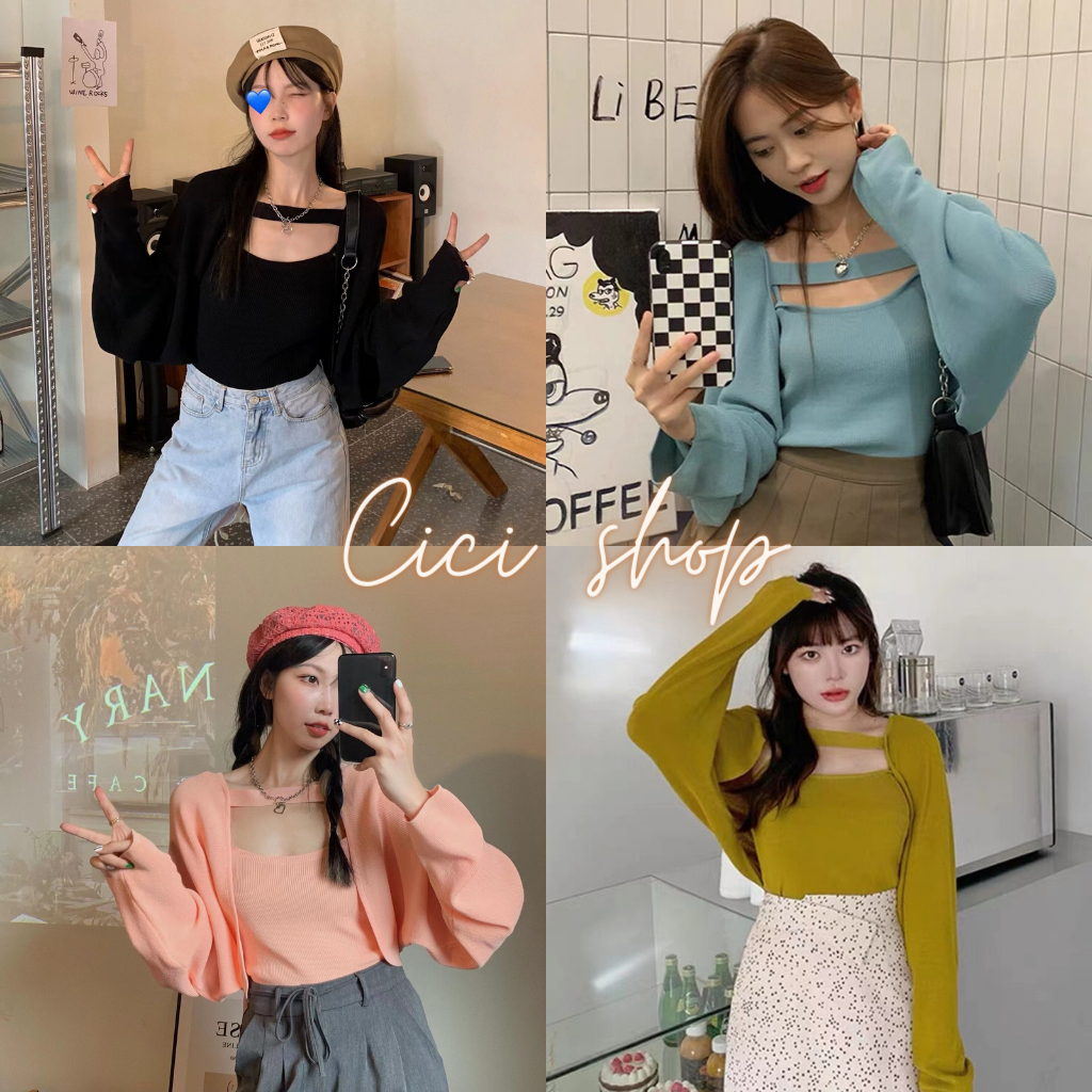 Cicishop(0973/0973-1)เซต2ชิ้นเสื้อสายเดี่ยว+เสื้อคลุมไหมพรม สุดเกร๋ต้อนรับหน้าหนาว