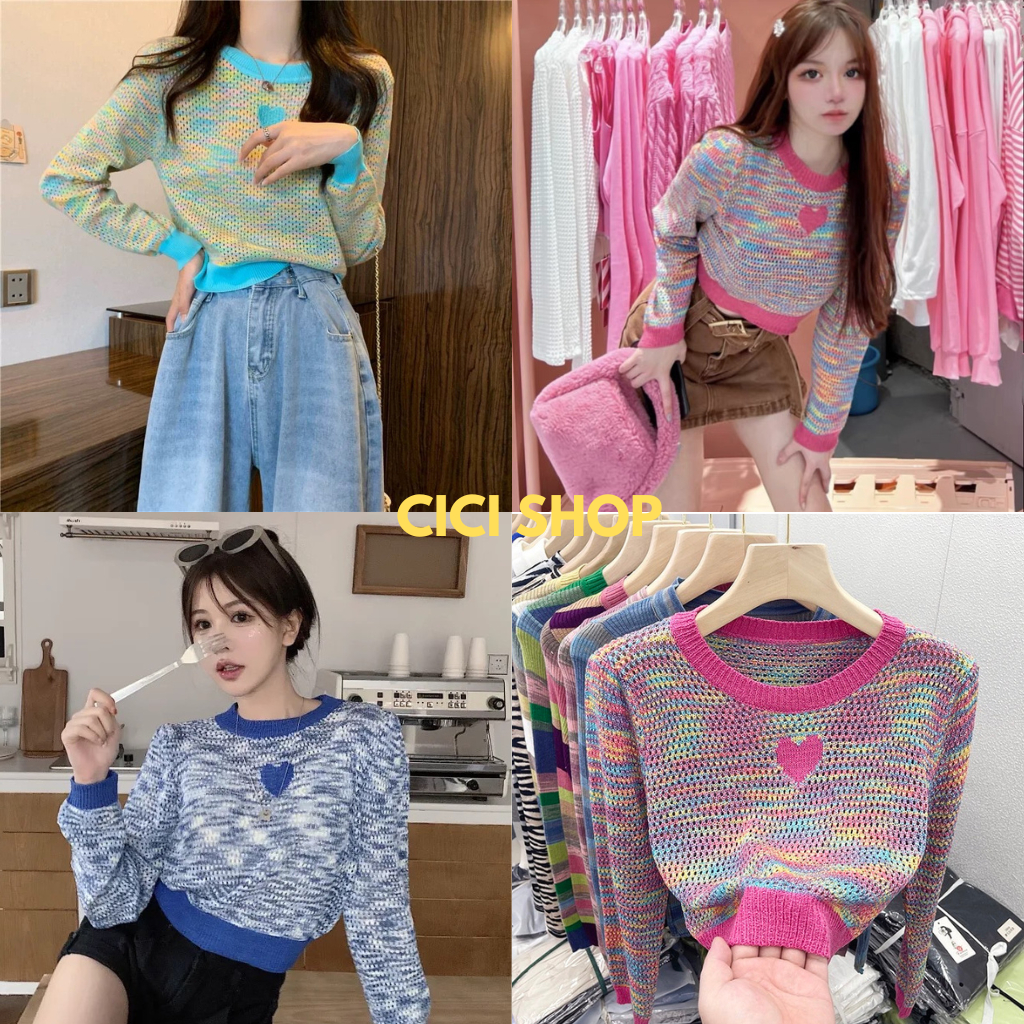 Cicishop(0673)เสื้อไหมพรมแขนยาวsweater ทอสีสลับ ปักลายหัวใจ ผ้าหนานุ่ม น่ารักคิ้วๆ