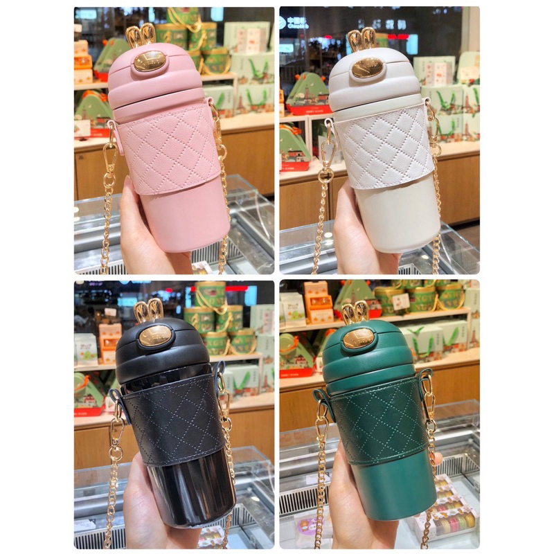 สินค้าพร้อมส่ง ไม่ต้องรอพรี กระติกน้ำสแตนเลสเก็บร้อนเย็น มีสายสะพาย SUS304 บรรจุ 480ML