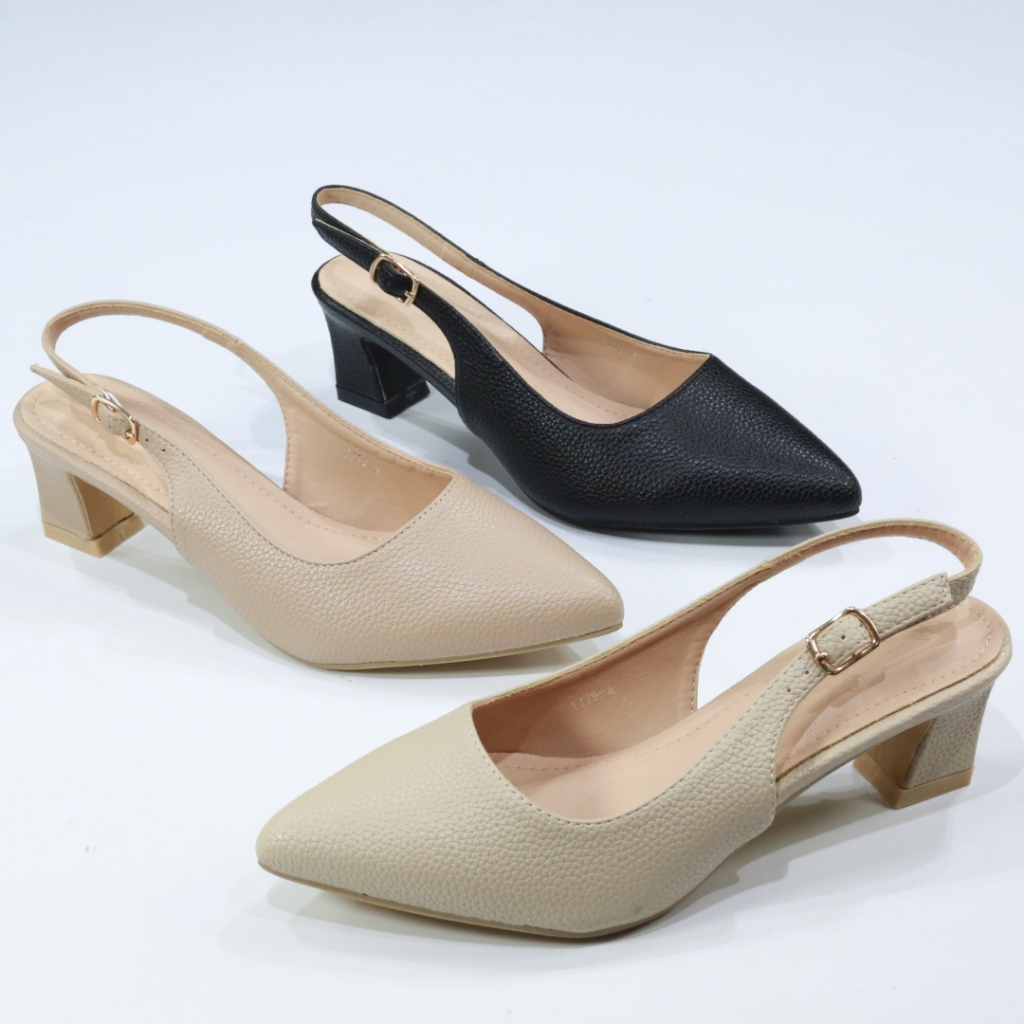 1779-4 รองเท้าคัชชูหัวแหลมเปิดสันสายหลังหนังลายลิ้นจี่ FAIRY