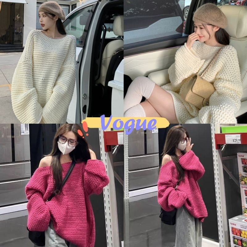 Vogue พร้อมส่ง เสื้อถักไหมพรม คอกลม แขนยาว ทรงหลวมๆใส่สบาย (CZ190) -C