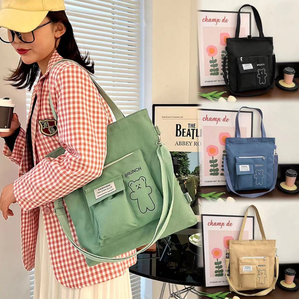 กระเป๋าผ้าแคนวาสใบใหญ่ใส่ได้ใส่ของได้เยอะ-มีหลายช่องใส่ของได้ ihappy shop