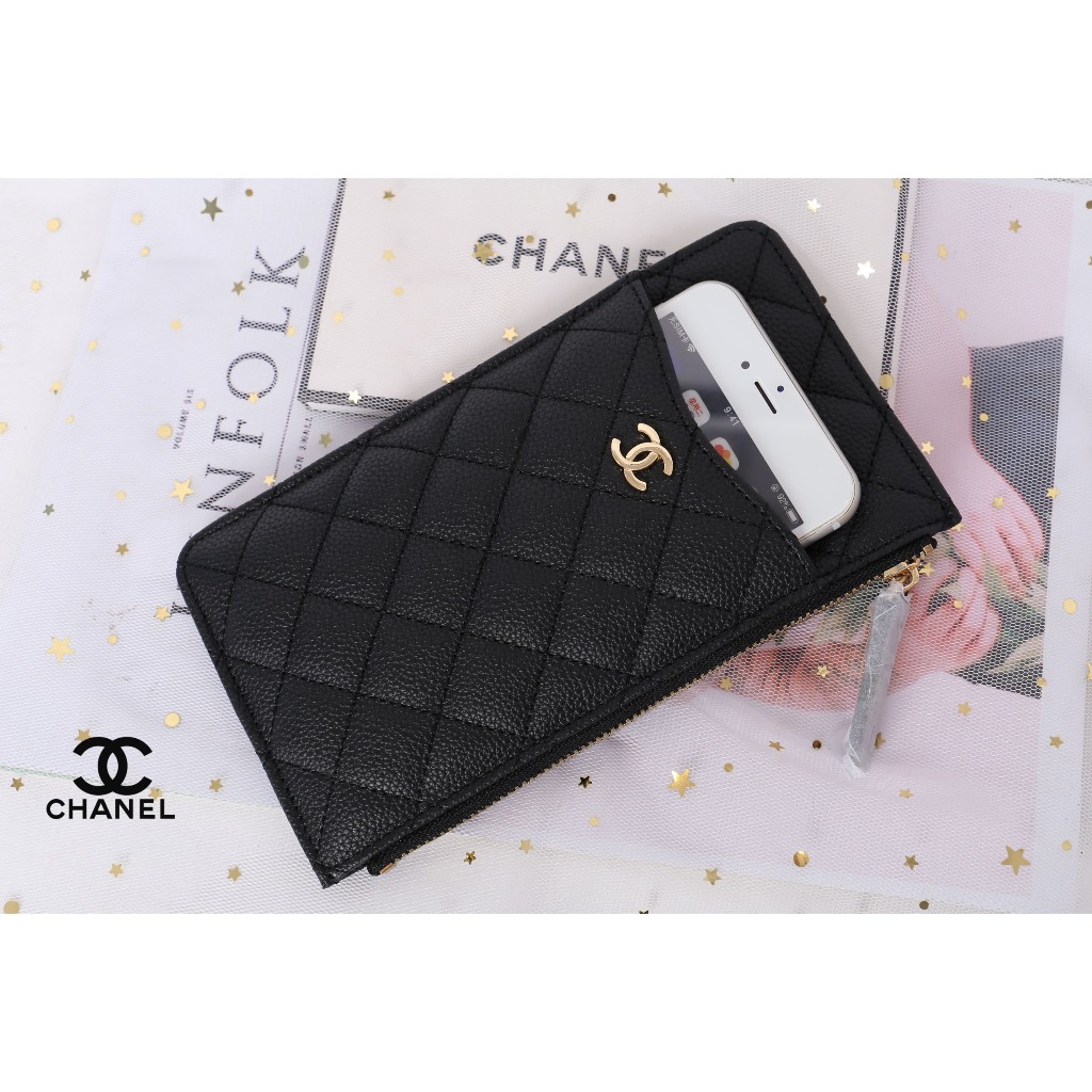 Chanel Black Caviar Clutch Quilted Phone Iphone Card Holder [Premium gift]