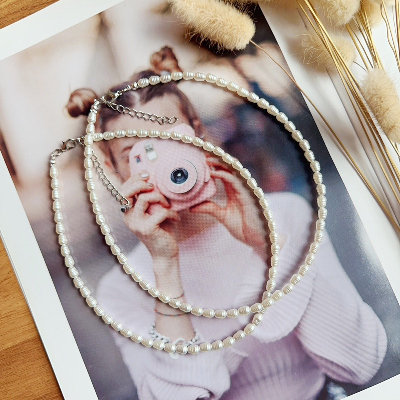 สร้อยคอไข่มุกเทียม (ขนาด 3-4 มิล)พลาสติกน้ำหนักเบา [พร้อมส่ง]