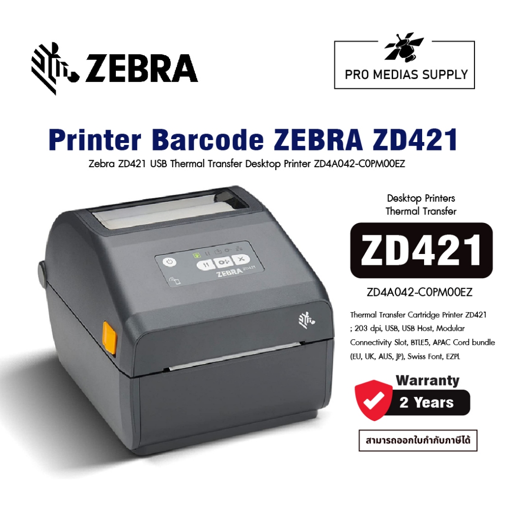 Zebra ZD421 USB Thermal Transfer Desktop Printer ZD4A042-C0PM00EZ