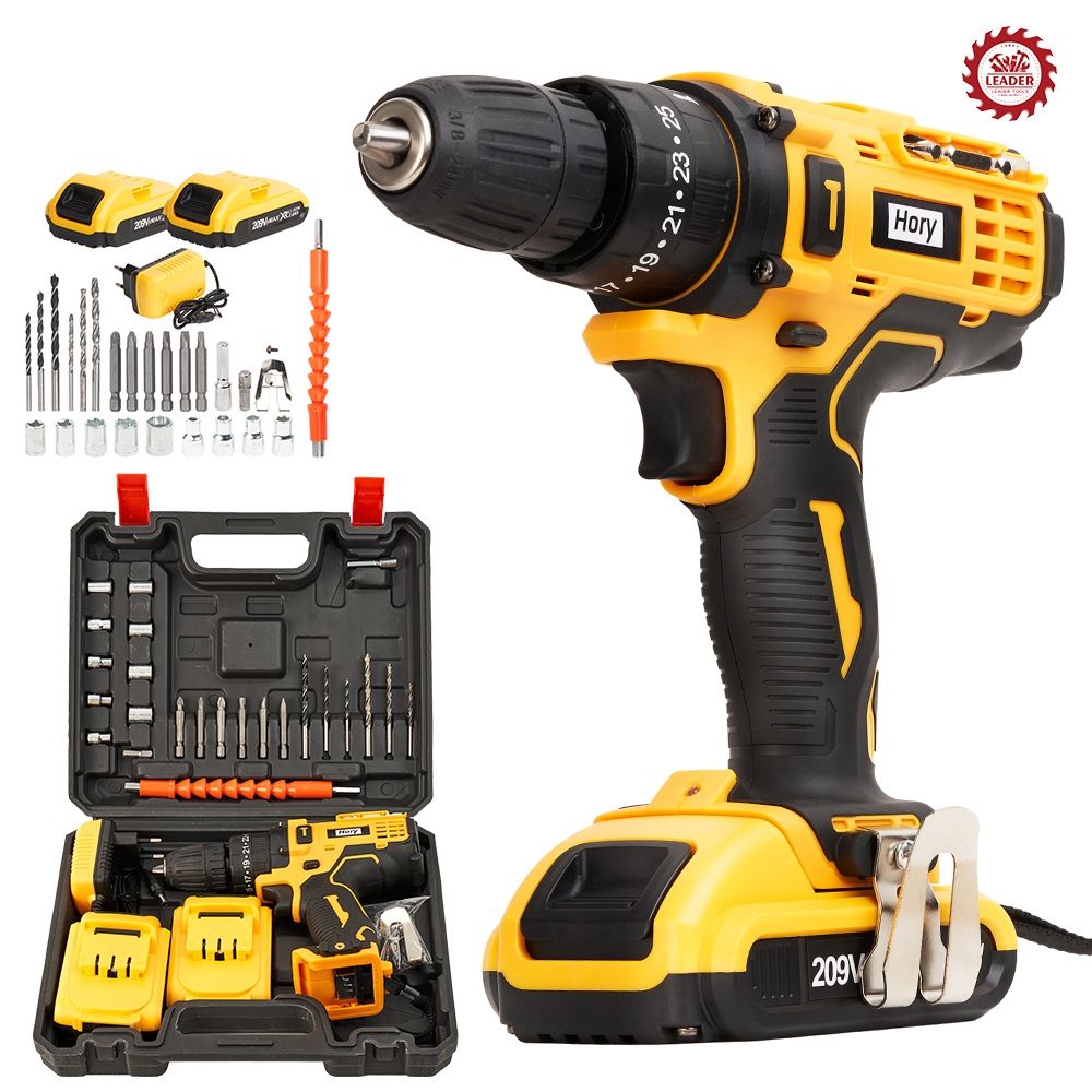 HORY สว่านไร้สาย 209V สว่านกระแทก 3 ระบบ แบตเตอรี่ 2 ก้อน สว่านแบต สว่าน เครื่องมือช่าง รวม 32ชิ้น รุ่น H-09 เหลือง