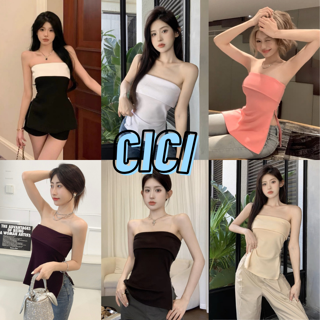 ส่งทันที Cici(NO. J820)TupeTop เสื้อเกาะอกกิมมิคแพทเทิร์น2ชั้น มีซิปปรับรูดข้างสวยเก๋สุดๆ