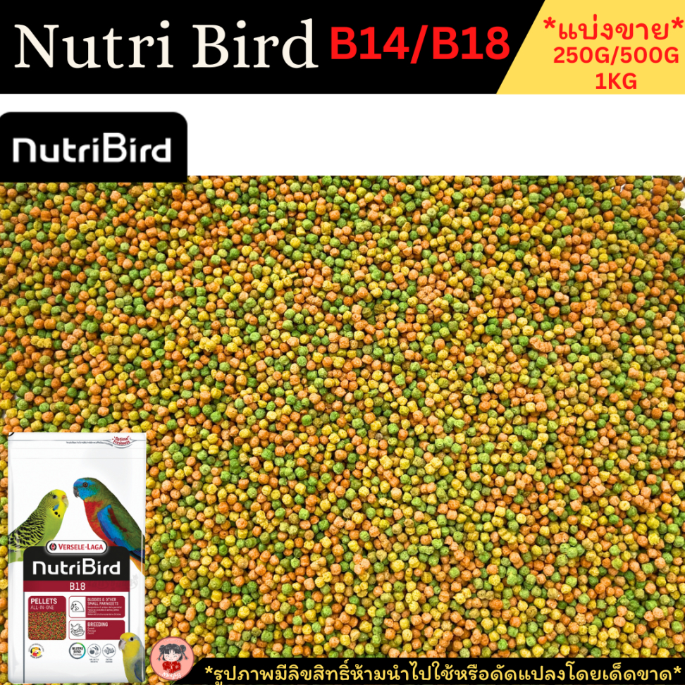 (สูตรใหม่ เม็ดจะออกสีเขียว)Nutribird B18แบ่งขายสำหรับพ่อแม่พันธุ์นก ขนาด250g./500g.และ1กิโล