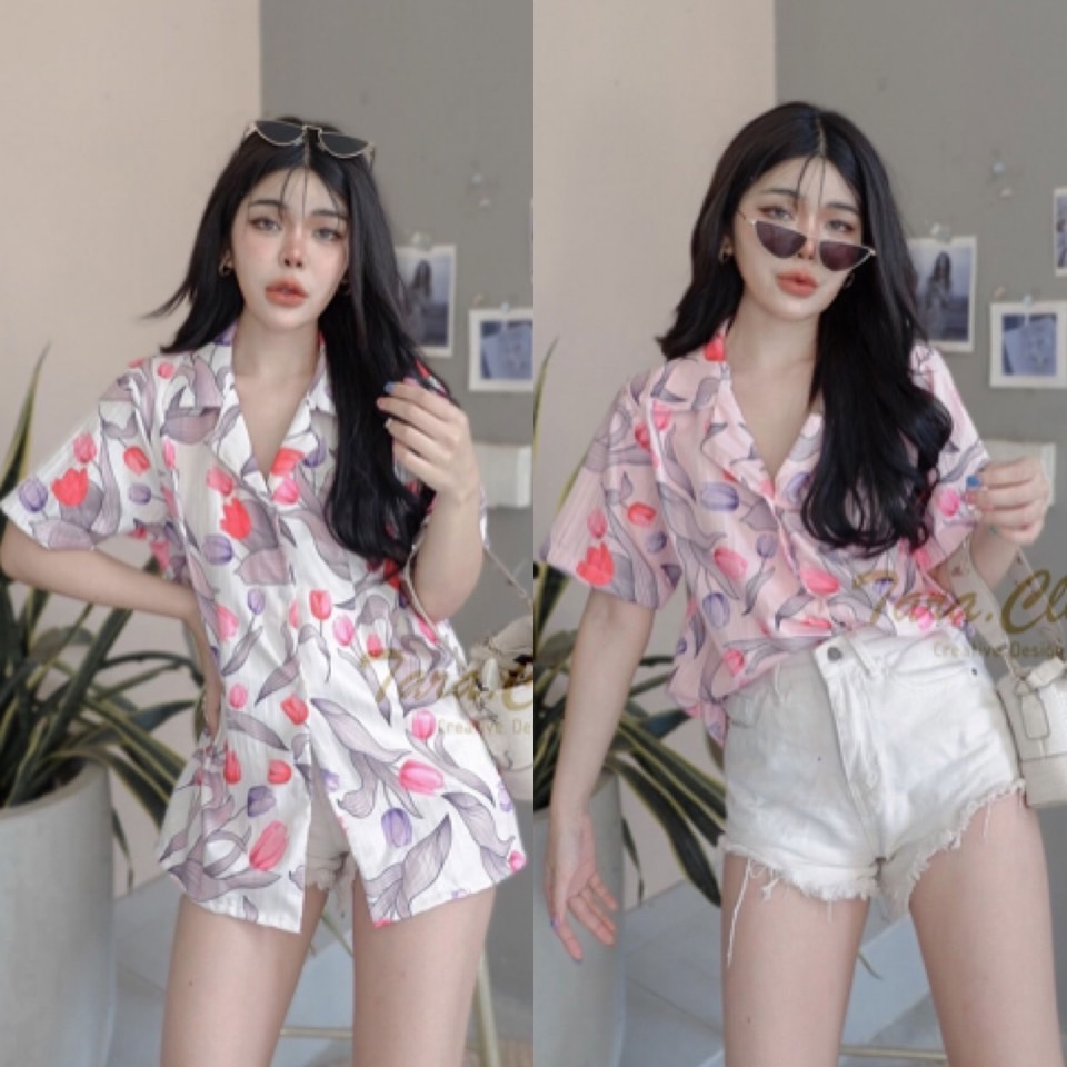 IT073 TARA Daisy เสื้อเชิ้ตปกฮาวาย แขนสั้น ลายดอกทิวลิป ที่กำลังนิยมที่สุดในตอนนี้ ผ้าเปลือกไม้พิมพ์ลาย ผ้าดี ใส่สบาย